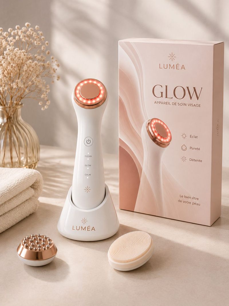 Appareil de soin du visage GLOW et son packaging LUMÉA (visuel fictif généré par IA)